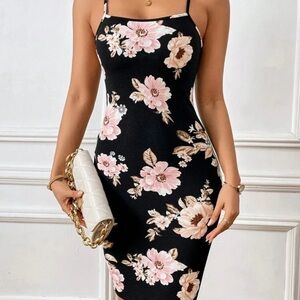 SHEIN Black Midi Dress with Pink Floral Design